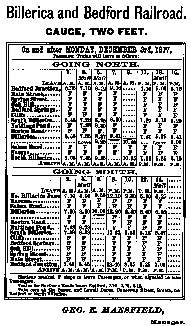 Billerica & Bedford Railroad schedule