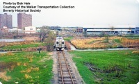 On May 5, 1975, the afternoon train to Bedford has left the Fitchburg Division main line at West Cambridge for the Lexington Branch. Today, the MBTA's Alewife Red Line Station occupies these grounds.